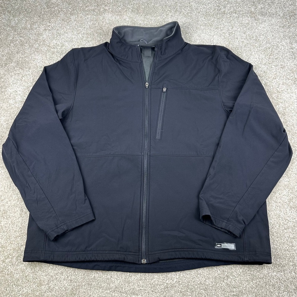 REI Mens XXL Softshell Jacket Black Full Zip Fleece Lined Technical Hiking Coat
